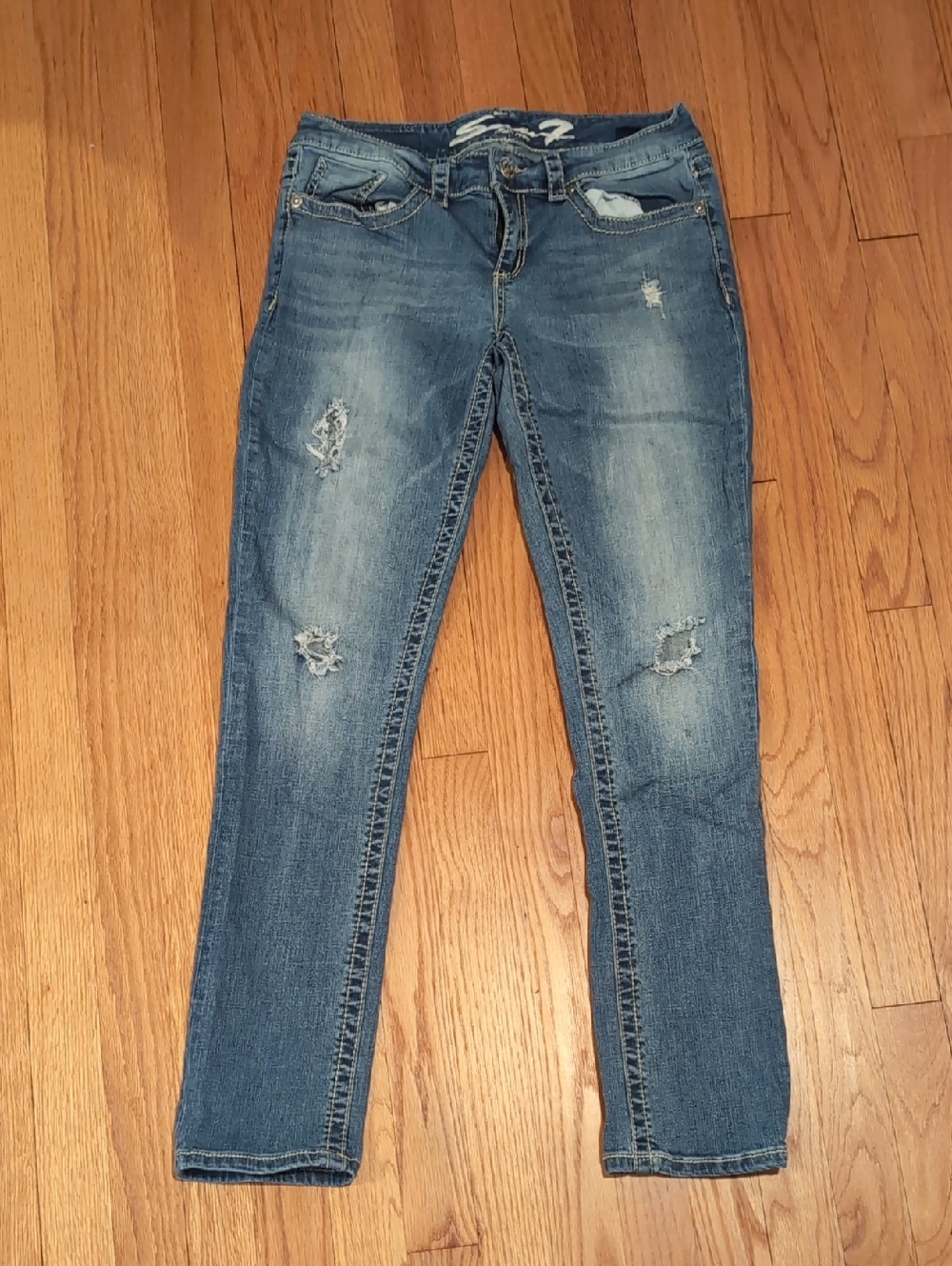 Seven7 Distressed Skinny Jeans in Blue Wash